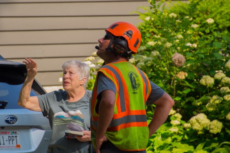 An arborist speaks with a resident about a concern with a tree as work is occuring